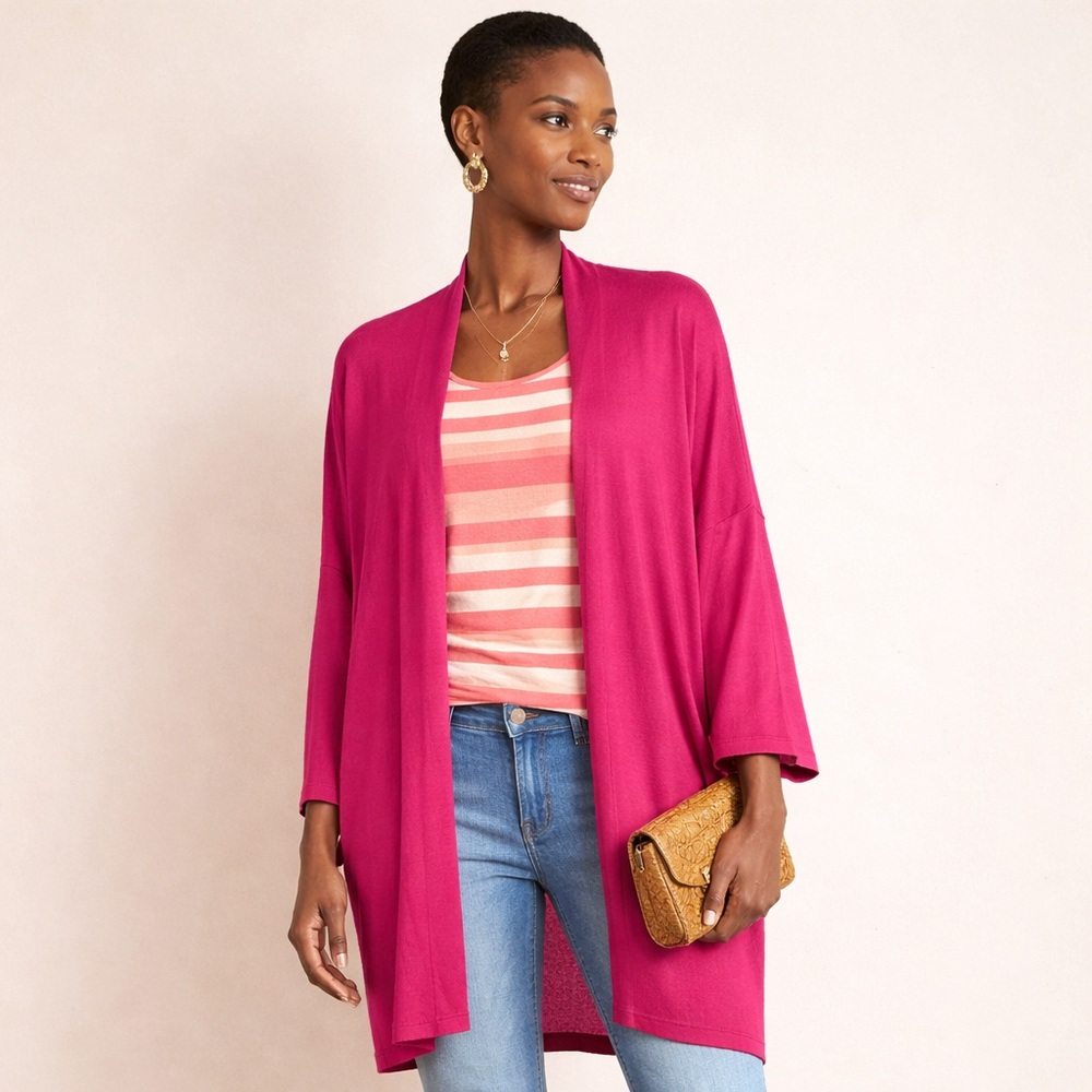 Chico’s lightweight open front cardigan, sheer kimono sleeve swim cover-up